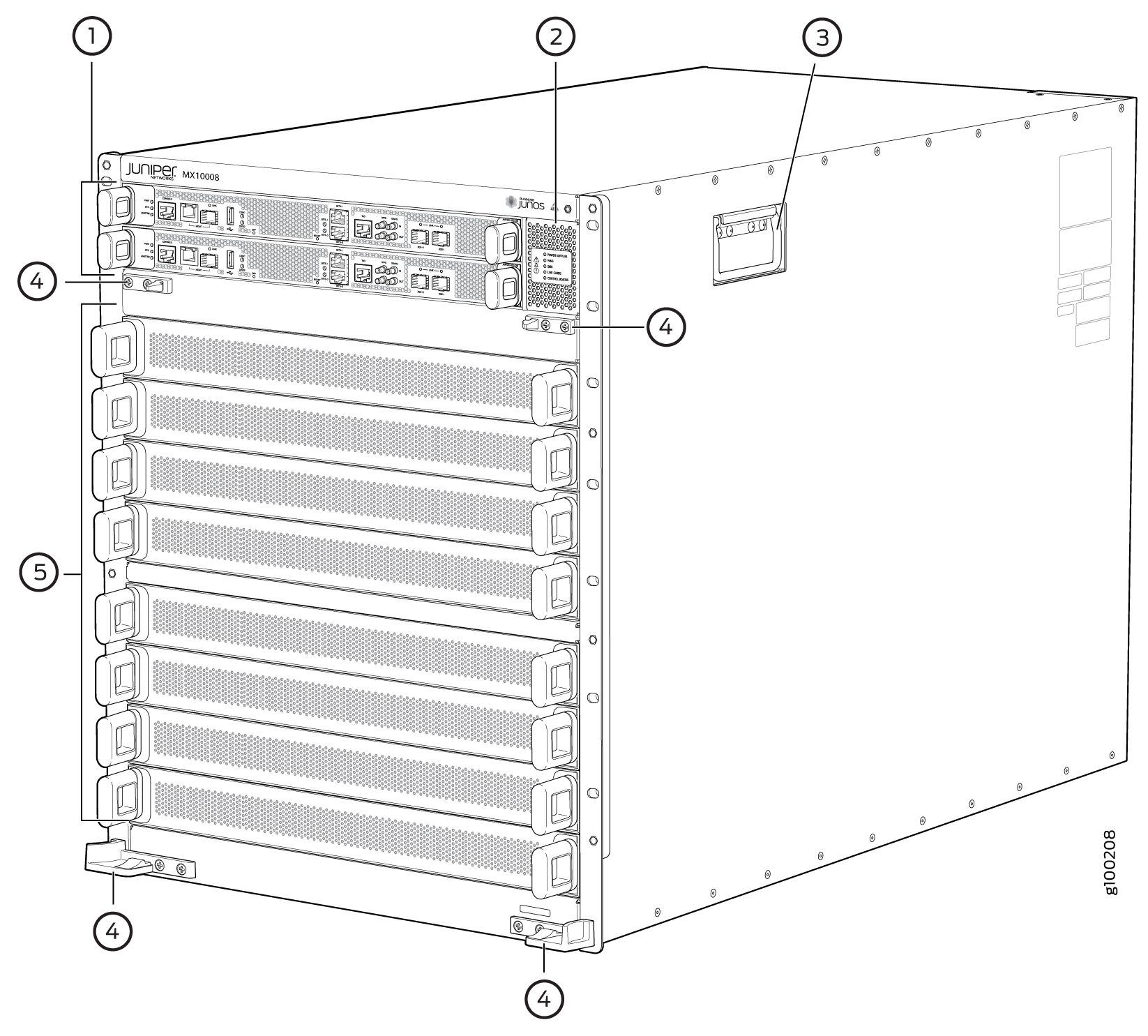 Juniper Networks MX10008 router with modular design, front panel control boards, line card slots, and cooling system for data centers.