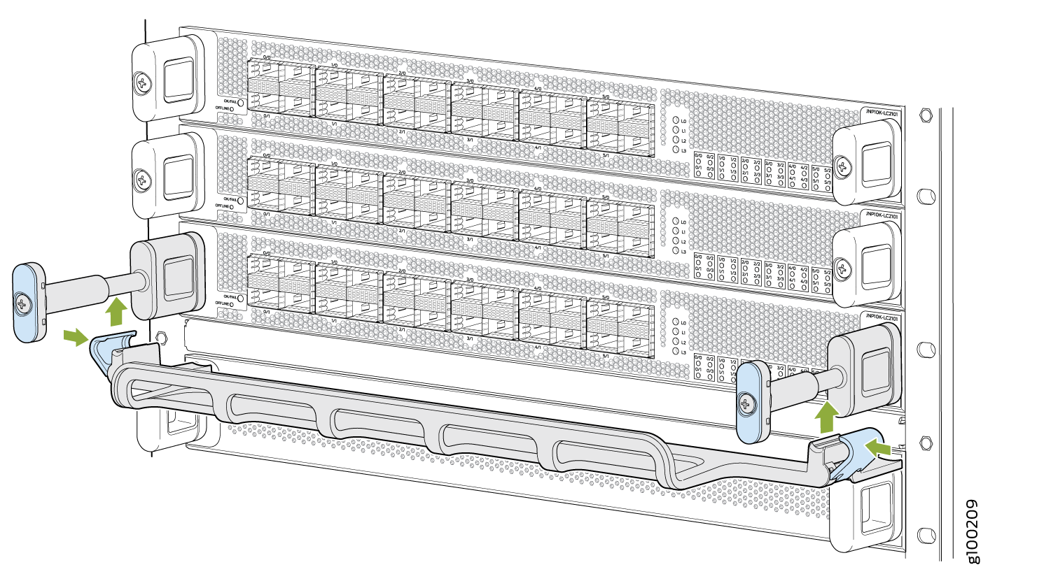 Technical illustration of installing or removing a cable management arm on a network equipment rack with green arrows indicating movement direction.