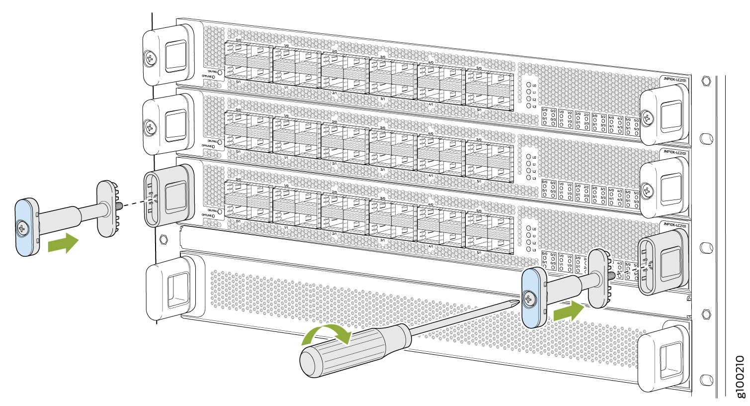 Server rack illustration showing installation of a locking mechanism with green arrows for movement direction. A screwdriver is used on screws.