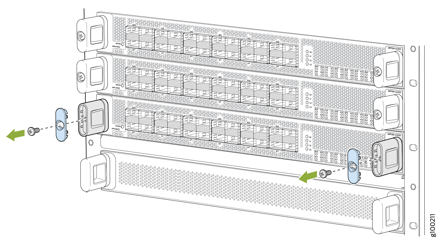 Technical illustration of installing or removing locking mechanisms on a network equipment rack front panel with green arrows showing direction.