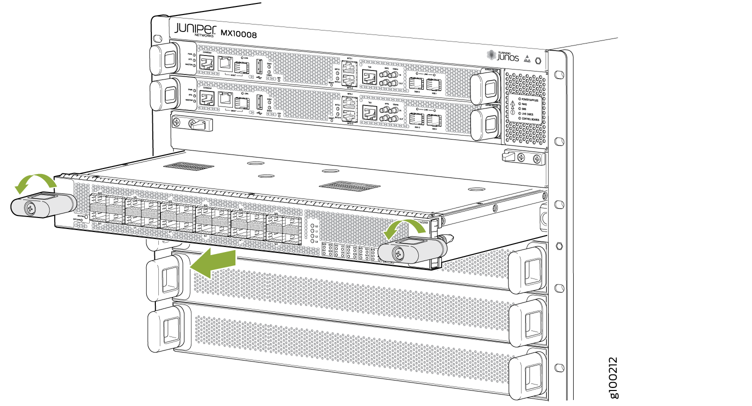 Line card being installed or removed from Juniper Networks MX10008 router chassis with directional arrows for locking mechanisms.