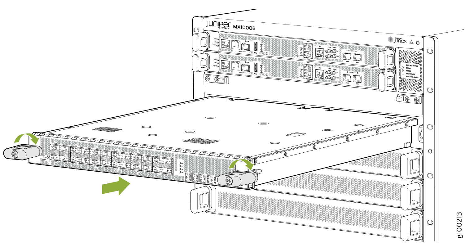 Installing or removing a line card from a Juniper Networks MX10008 router chassis with green arrows indicating the movement direction.