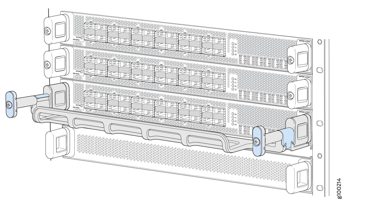 Modular chassis with line cards installed, showing network interface card slots and ports for cables, used in data centers.