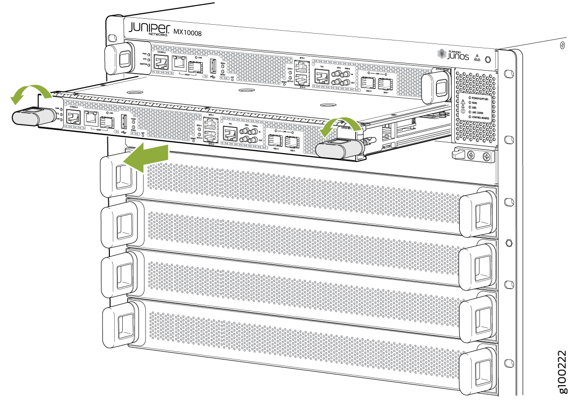 Juniper Networks MX10008 router showing installation or removal of a component with green arrows guiding latch handling.