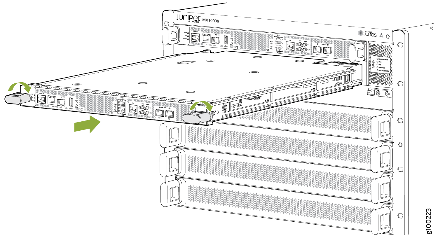 Line card being inserted or removed from a Juniper Networks MX10008 router chassis using green arrow-guided handles.