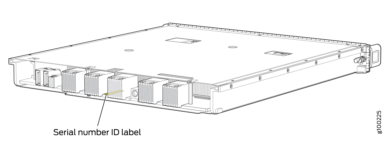 Technical drawing of a rack-mounted network module with multiple ports. Highlighted label indicates serial number location.