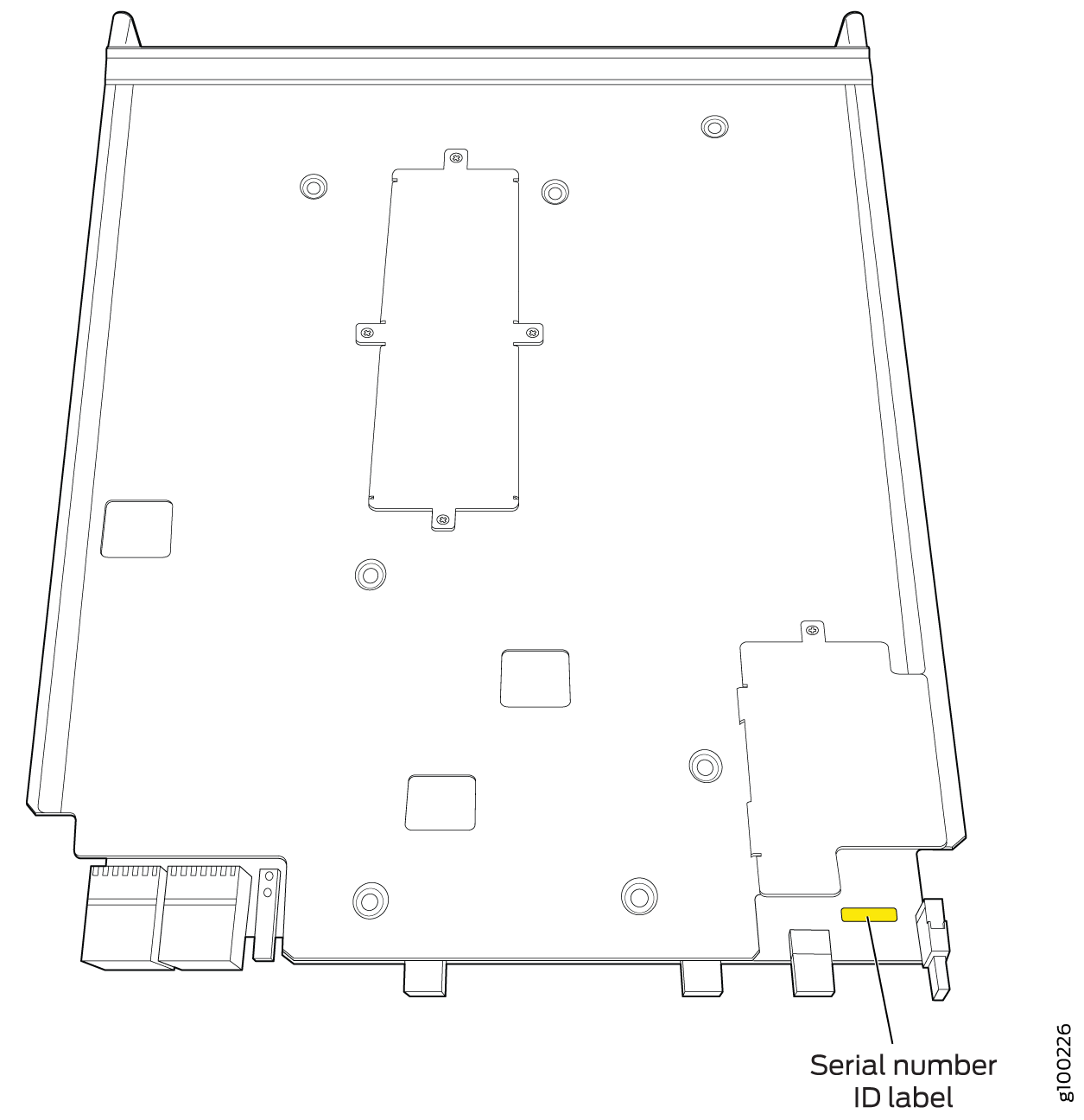 Technical diagram of device underside highlighting Serial number ID label location.