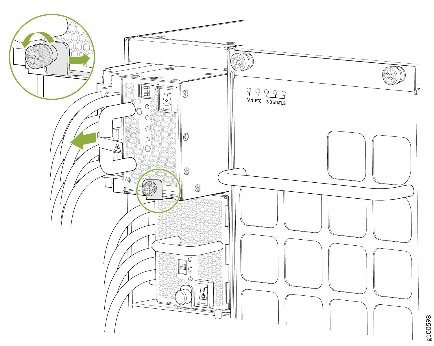 Removing a JNP10K-PWR-DC2 Power Supply on an MX10008