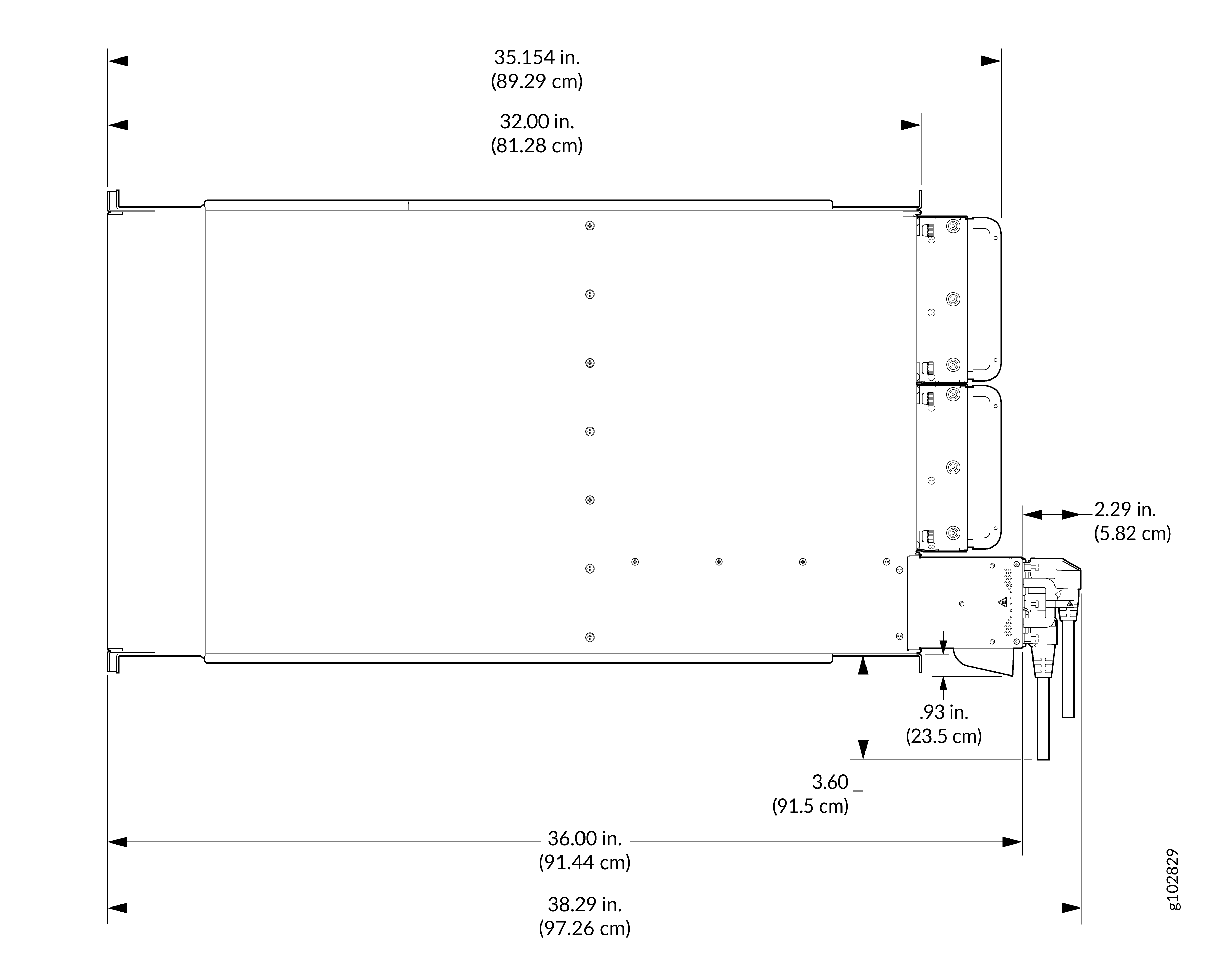 Technical drawing of a rectangular object with dimensions in inches and centimeters, showing top view with width, length, and protruding components.