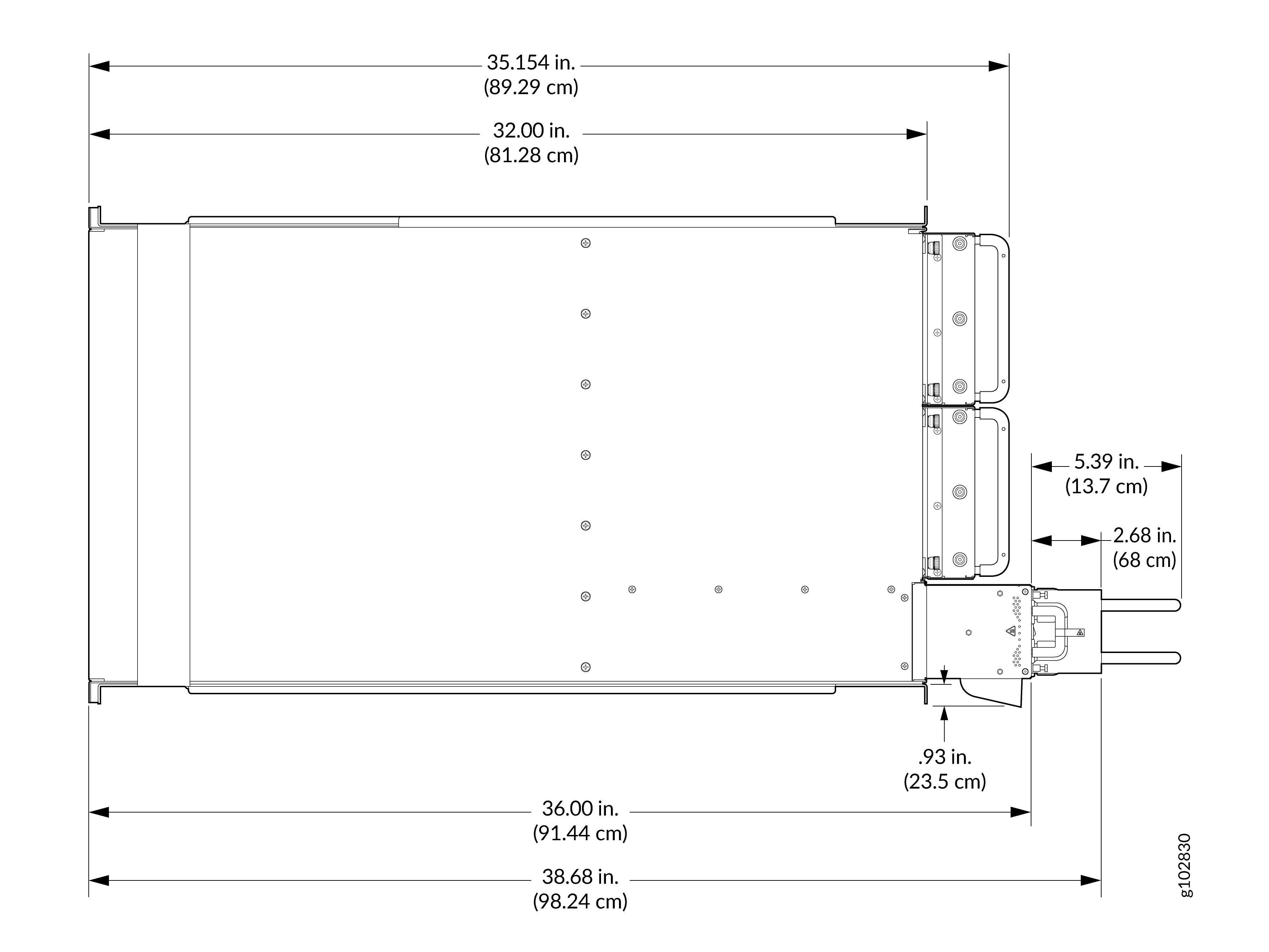 Technical drawing of a rectangular device with dimensions in inches and centimeters, featuring connectors and mounting points.