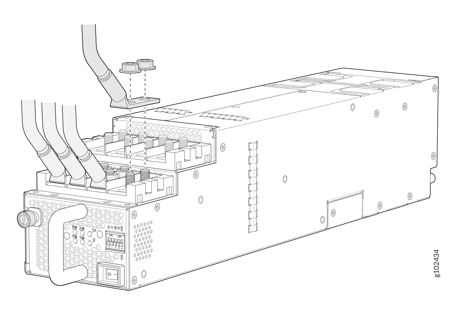 Connect the DC Power Source Cables to a JNP10K-PWR-DC3 Power Supply (INP-A1)