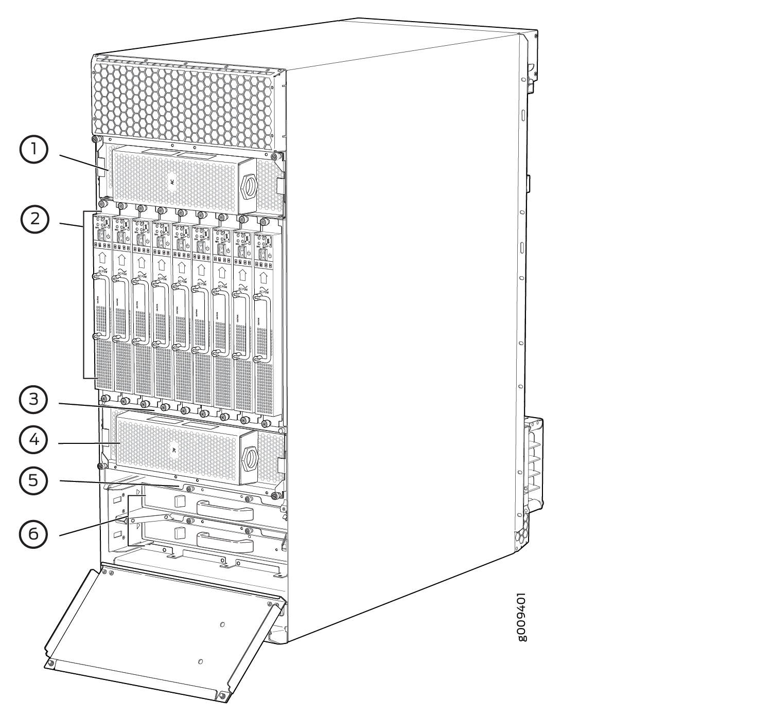 Technical diagram of a modular server chassis with labeled sections for cooling, line cards, midplane, power supply, control modules, and cable management.