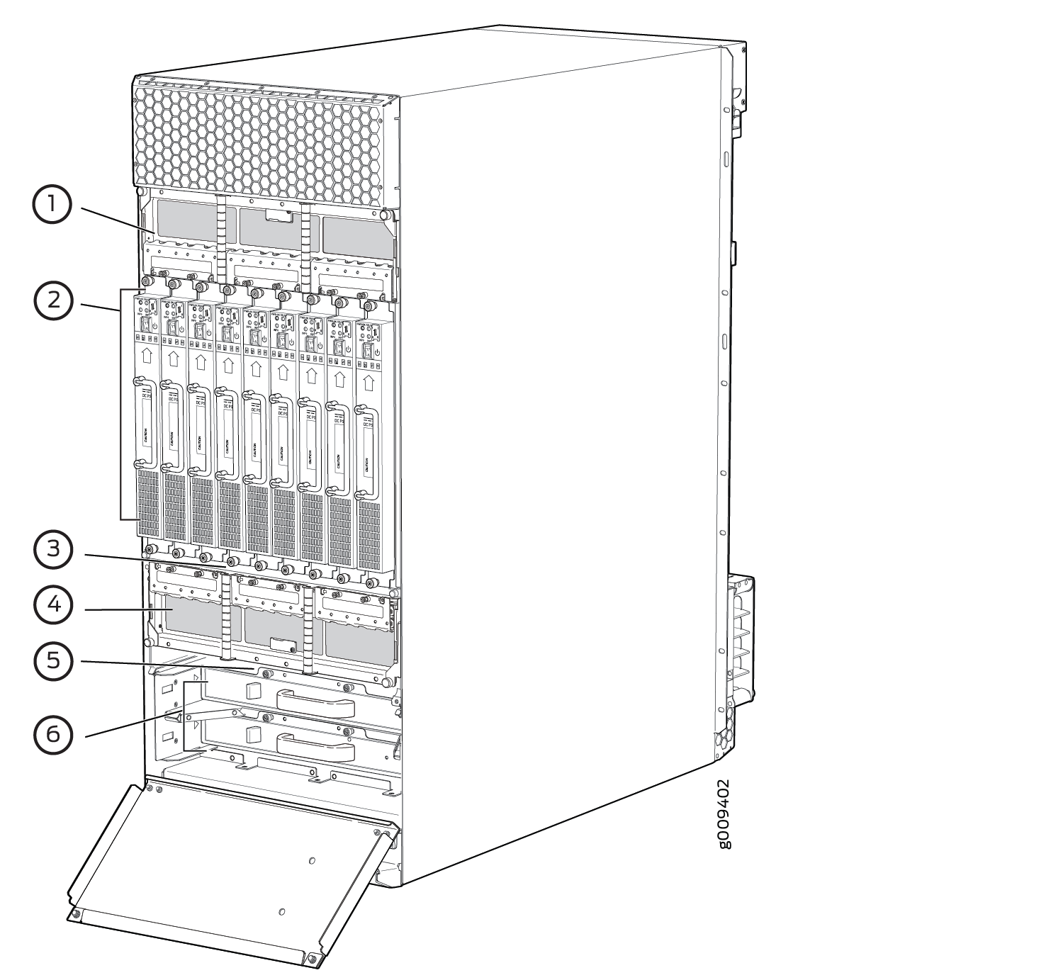 Cisco ASR 9000 Series Router diagram showing RSP slots, line card slots, fan tray, power supply slots, PEMs, and cable management bracket.