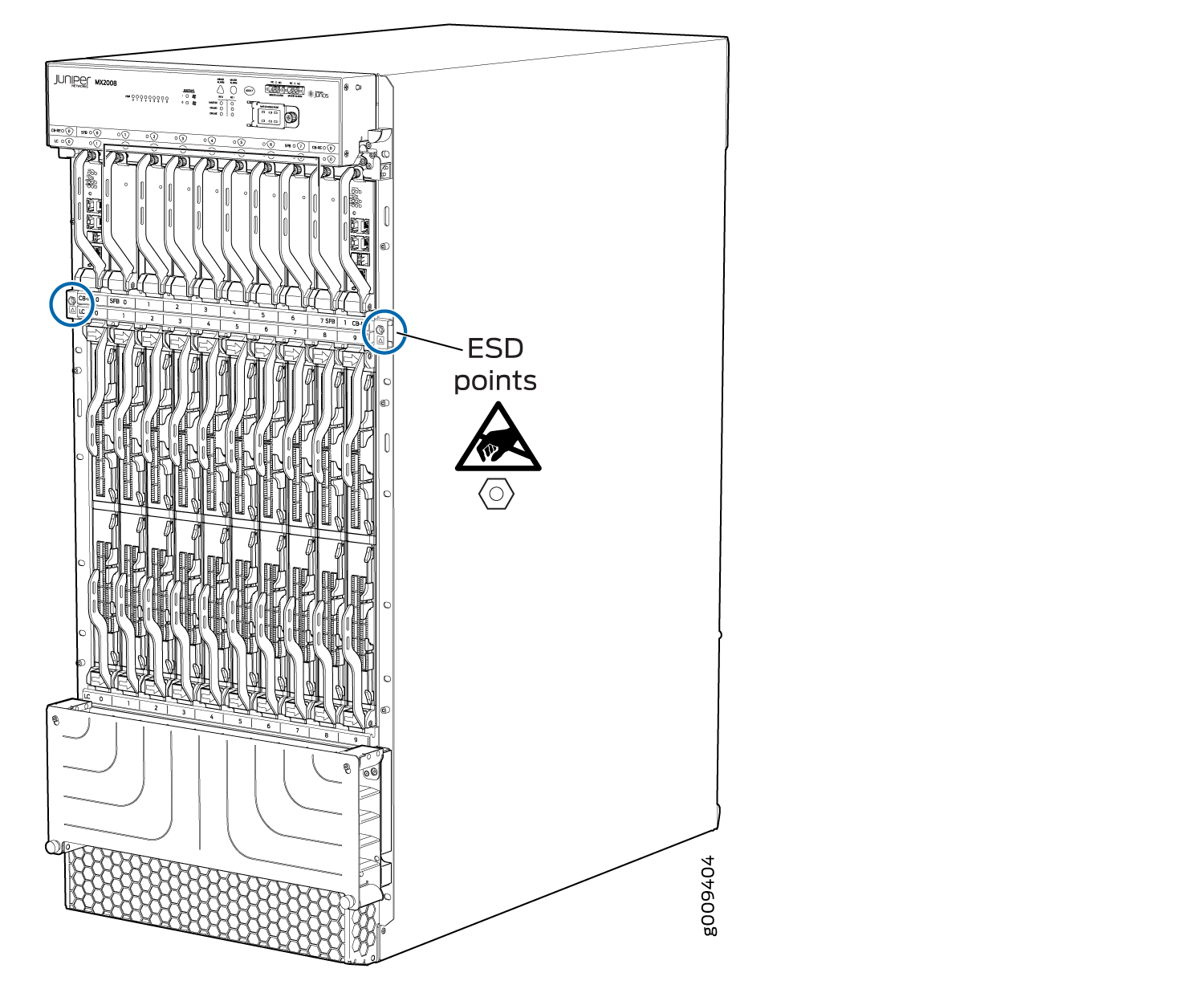 Juniper Networks MX2000 router diagram highlighting ESD points for safe static discharge, with slots for line cards and cooling fans.