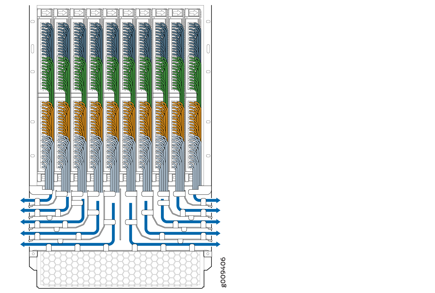 Schematic diagram of a data center cooling system showing airflow pathways with blue, green, and orange lines indicating airflow channels and arrows showing direction. Honeycomb structure at the bottom represents air filter or intake area.