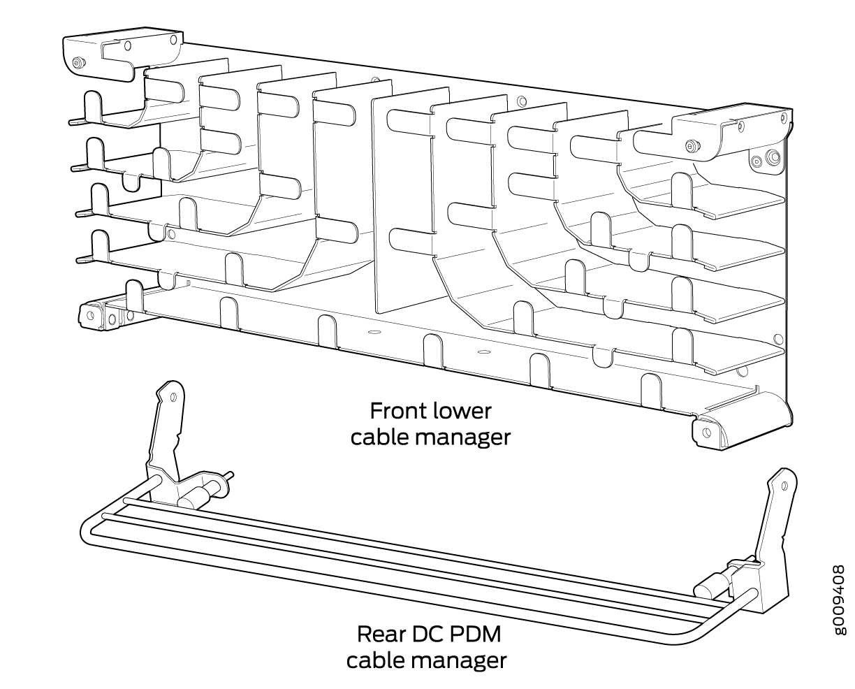 Front lower cable manager with slots and guides and rear DC PDM cable manager for organizing power cables in server racks.