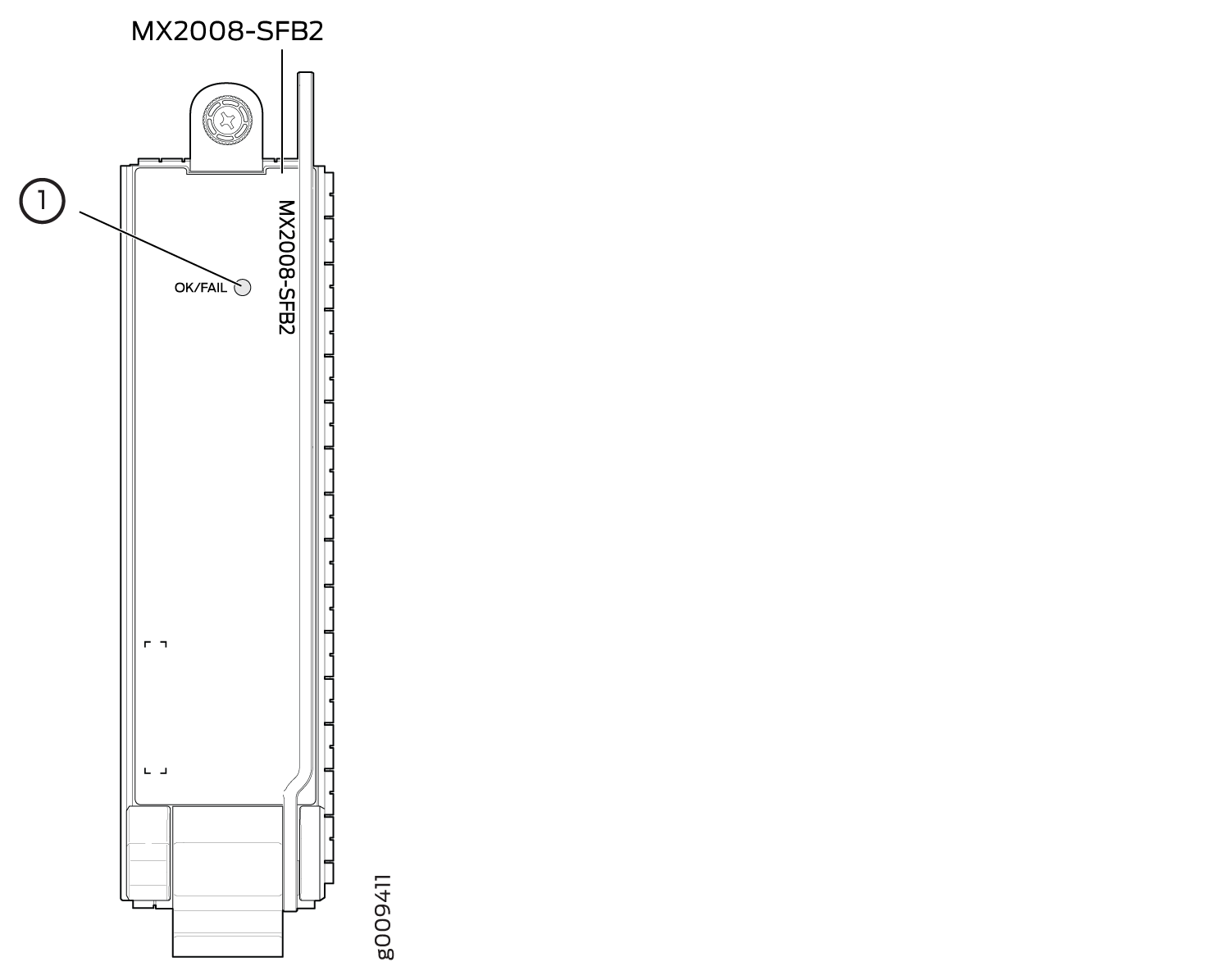 Technical drawing of MX2008-SFB2 module with OK/FAIL status light for monitoring. Reference number g009411.