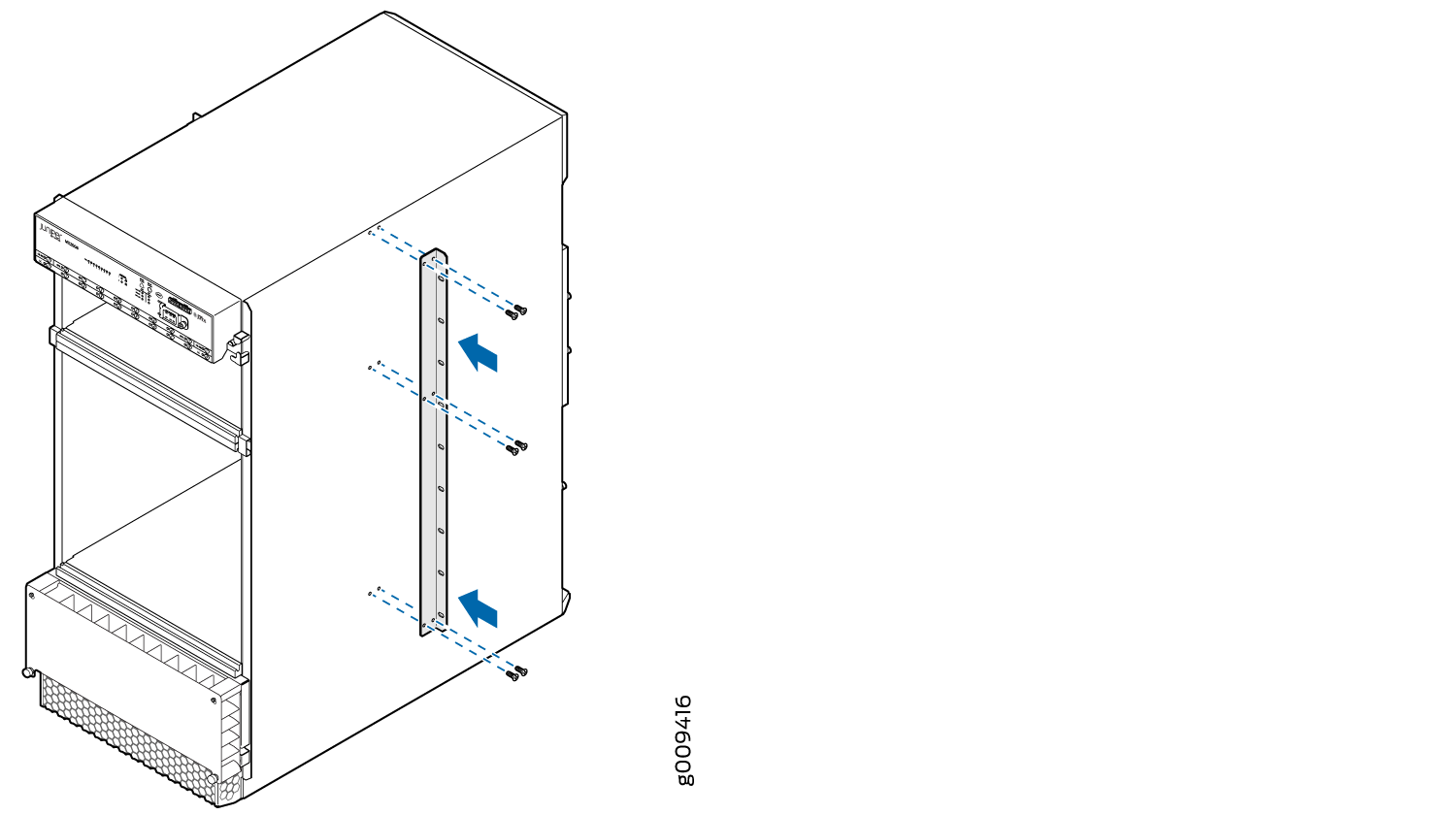 Side view of a server with blue arrows indicating screw insertion or removal for assembly or disassembly.