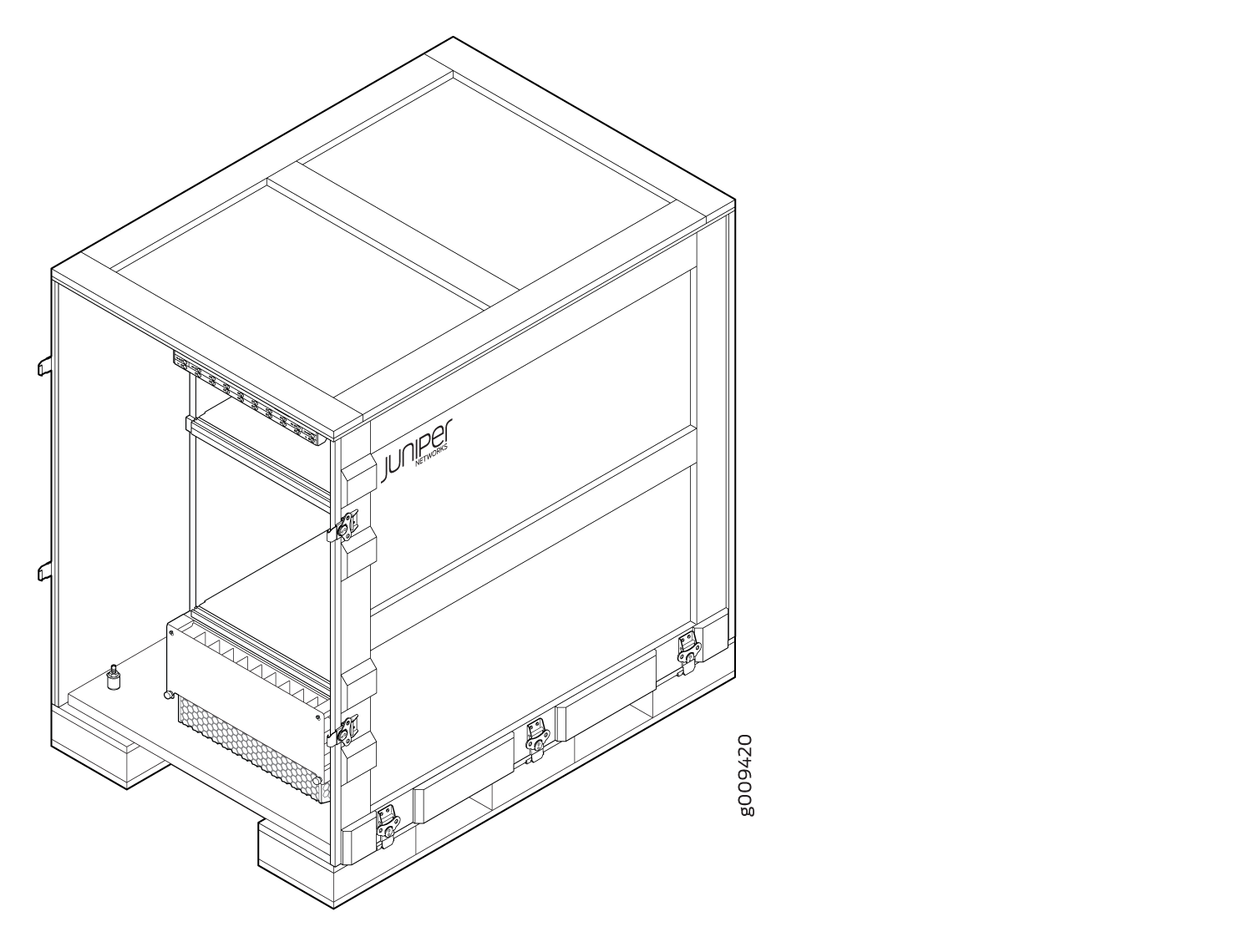 Technical drawing of a shipping crate for Juniper Networks equipment, with reinforced walls, latches, and internal compartments.