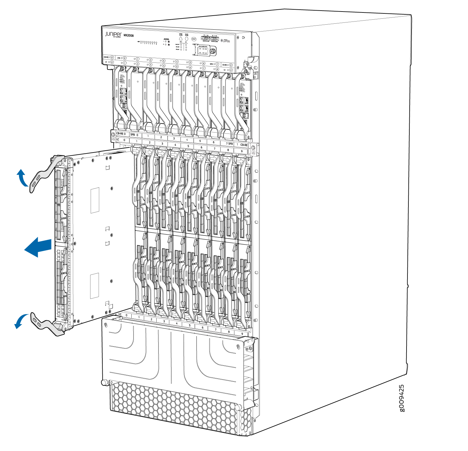 Line drawing of a Juniper Networks MX2008 router with a component being inserted or removed using blue arrows for guidance.
