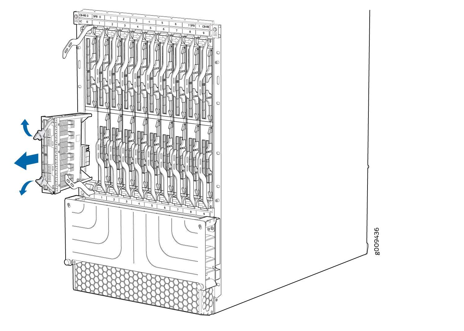 Server chassis illustration with multiple slots; one module being inserted or removed, demonstrating installation or removal process.