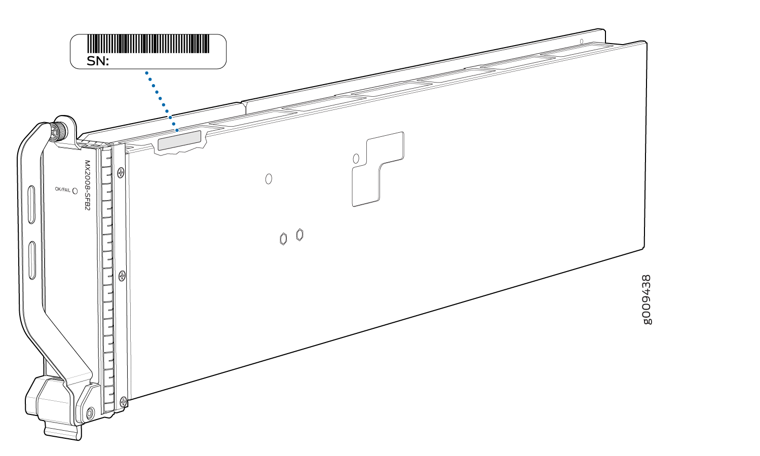Hardware module with handle and barcode labeled SN for serial number. Model MX2008-SFB2, likely Juniper Networks MX Series router component.