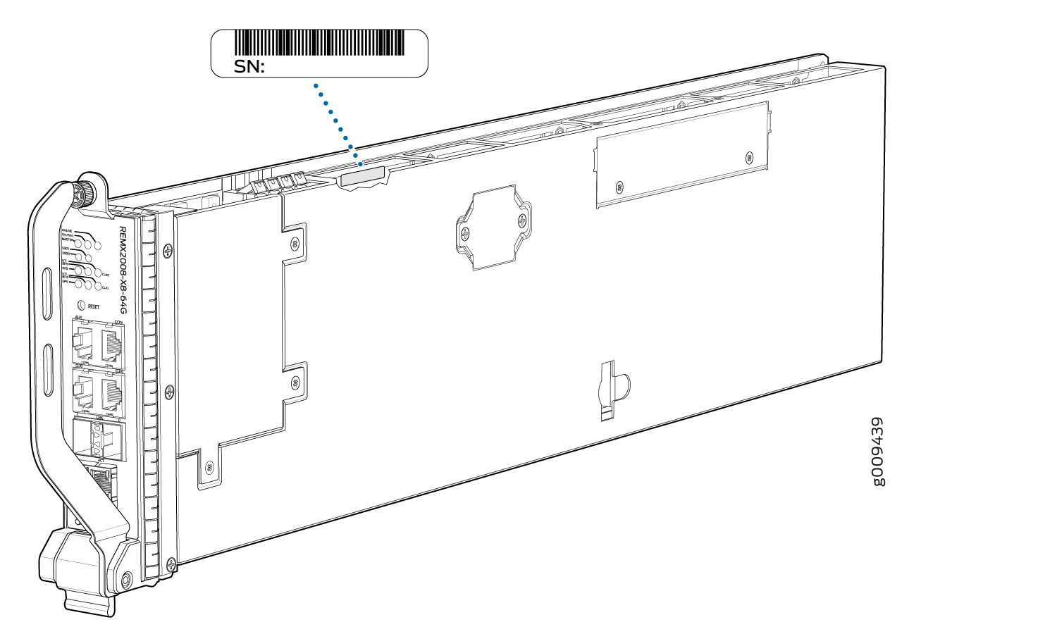 Technical drawing of a hardware module with Ethernet ports, labeled indicators, reset button, and barcode for serial number.
