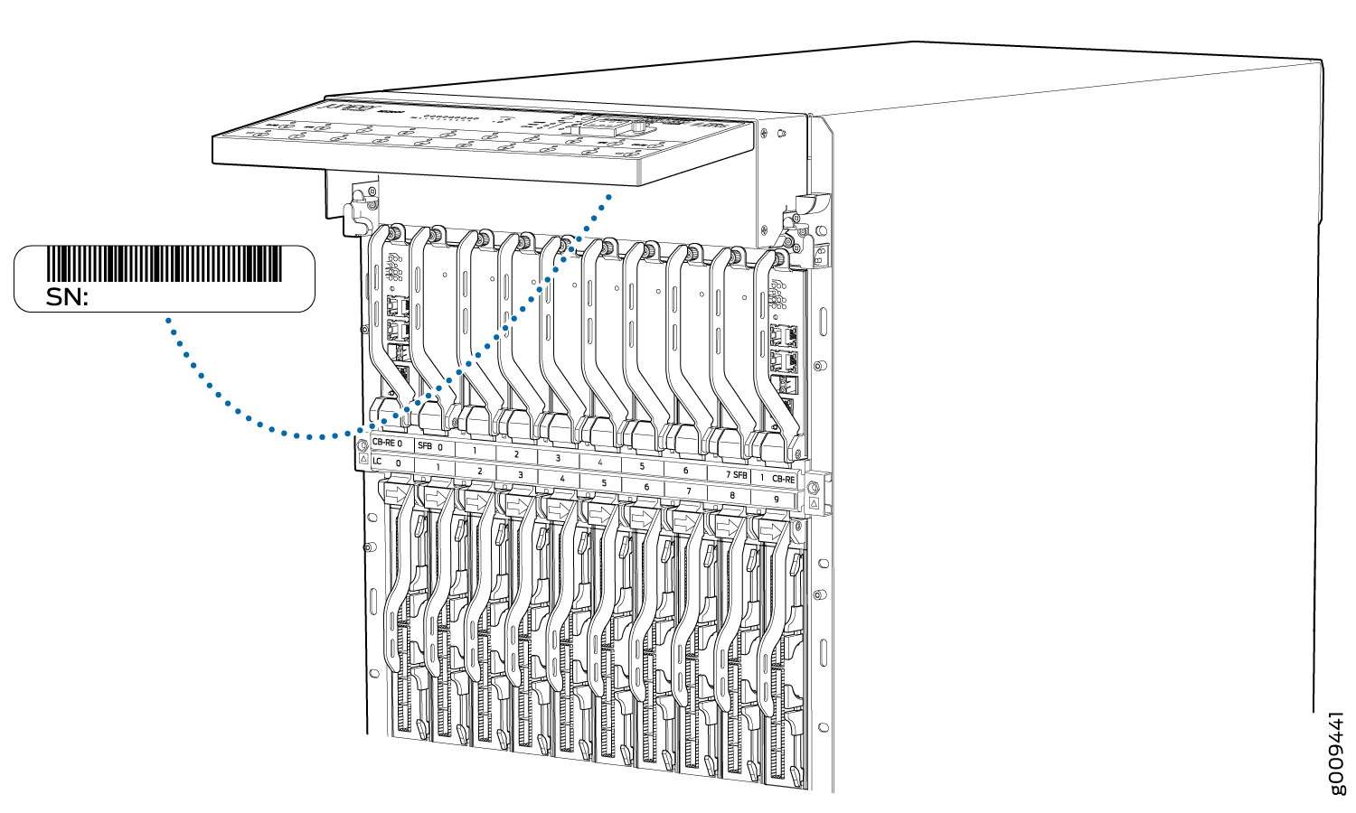 Technical illustration of server chassis with multiple slots for blades and marked serial number location.