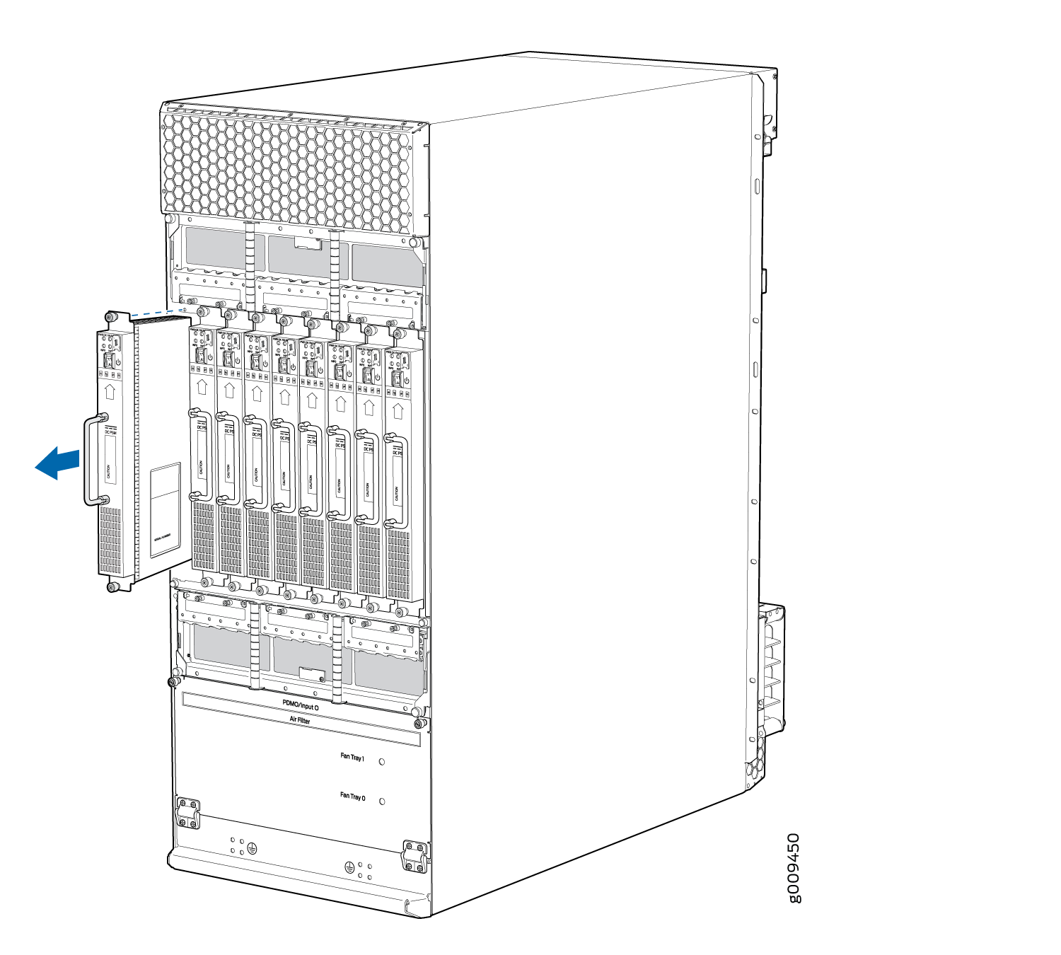 Blade server module being removed from an enclosure with a blue arrow indicating the removal direction.