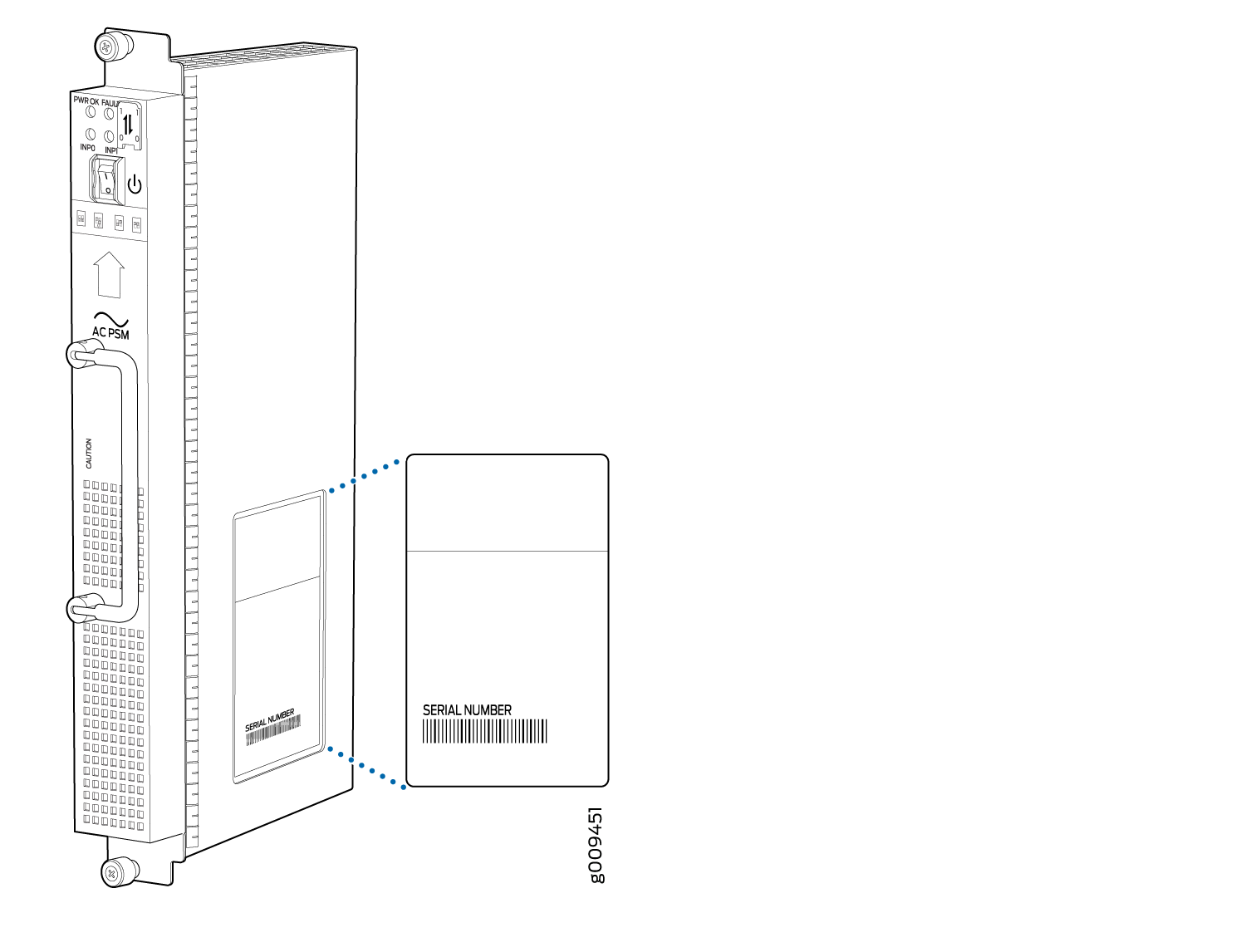 Technical illustration of an AC Power Supply Module with power and fault indicators, INFO switch, caution label, ventilation slots, serial number, installation handles, and interfacing connector.