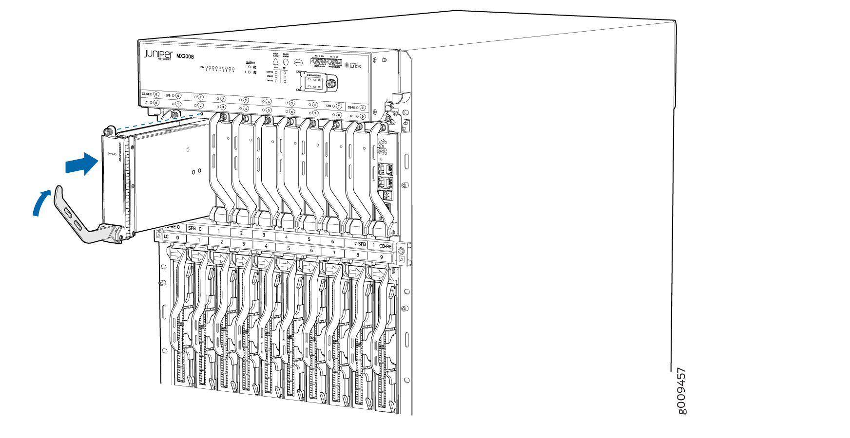 Juniper Networks MX2008 router with a component being inserted removed using a handle, guided by blue arrows.