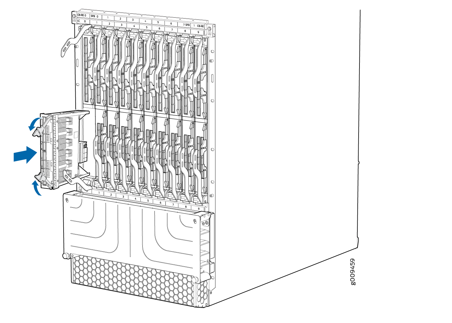 Server chassis with multiple slots; module being removed or inserted, indicated by blue arrows. Used in data centers.