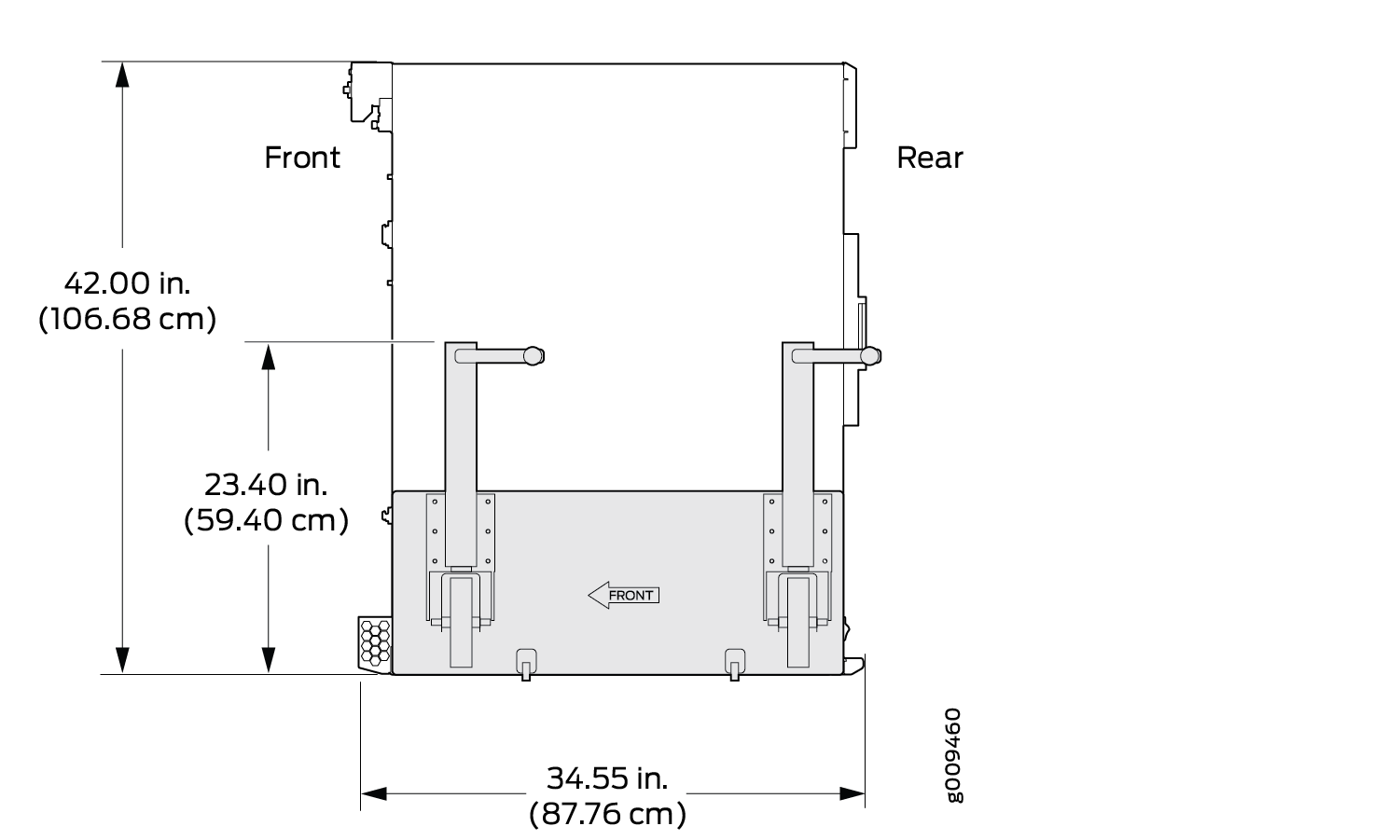 Technical diagram of a rectangular object labeled Front and Rear with dimensions: Height 42.00 inches, Width 34.55 inches, Section height 23.40 inches.