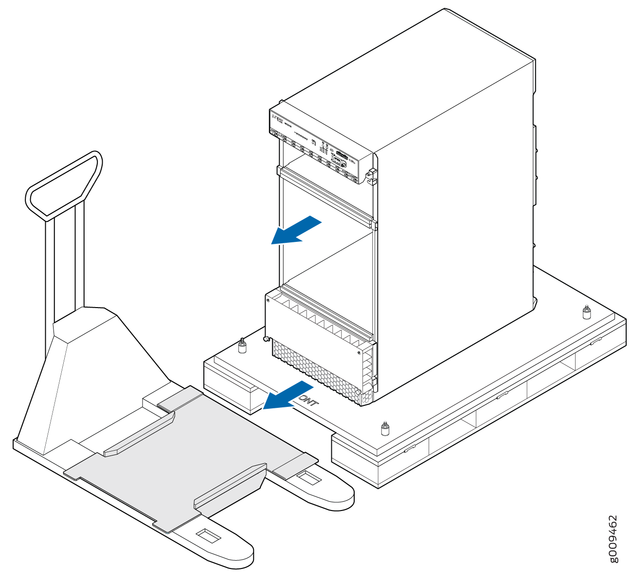 Server on a pallet jack with arrows indicating movement direction.