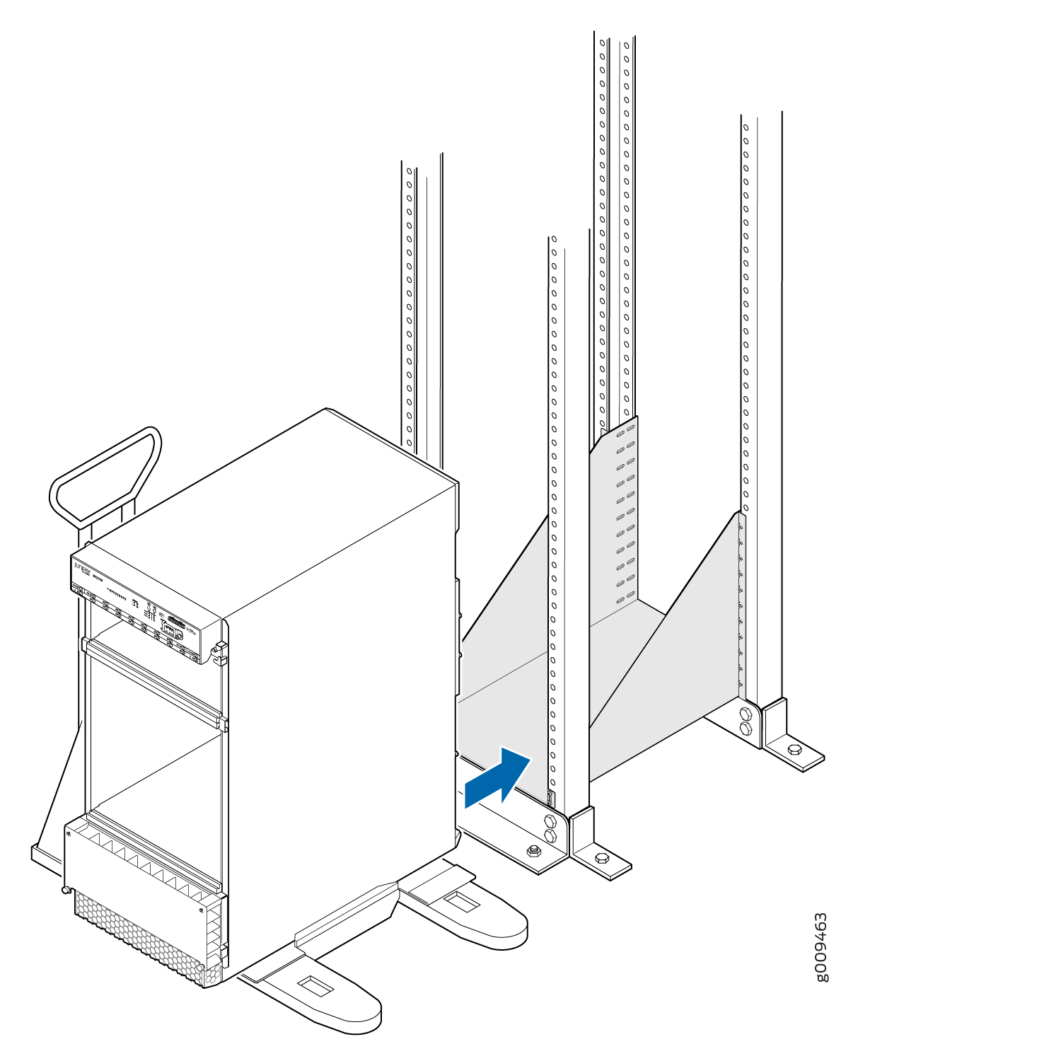 Server being positioned into rack using a lift, with a blue arrow indicating the alignment point for securing to vertical rails.