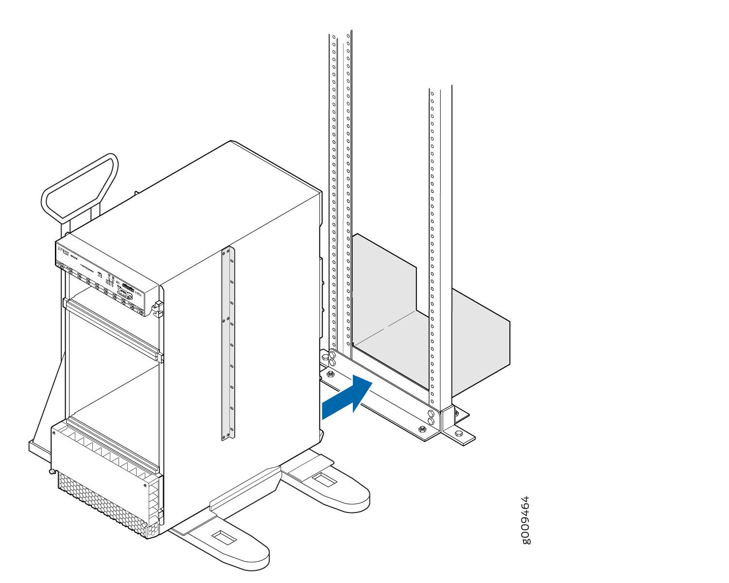 Server on dolly positioned for installation into rack with blue arrow indicating alignment point.