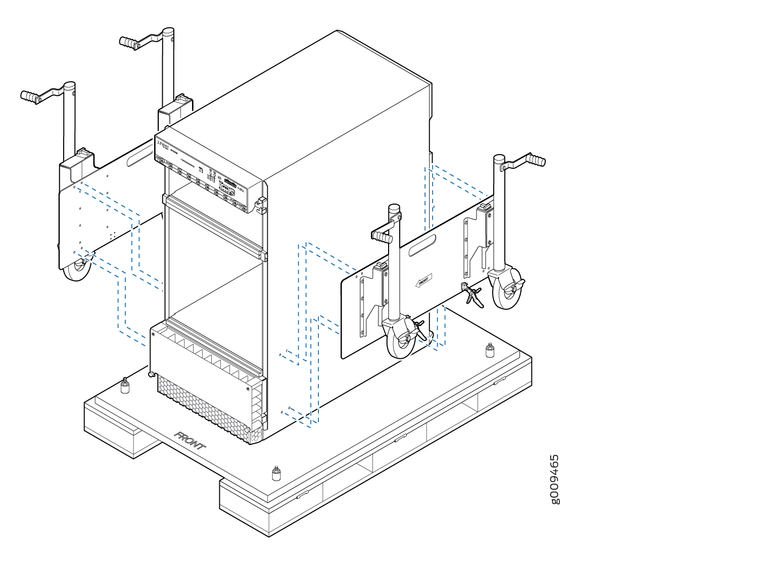 Technical drawing of a server with detachable side brackets and wheels on a pallet labeled FRONT for transport or installation.