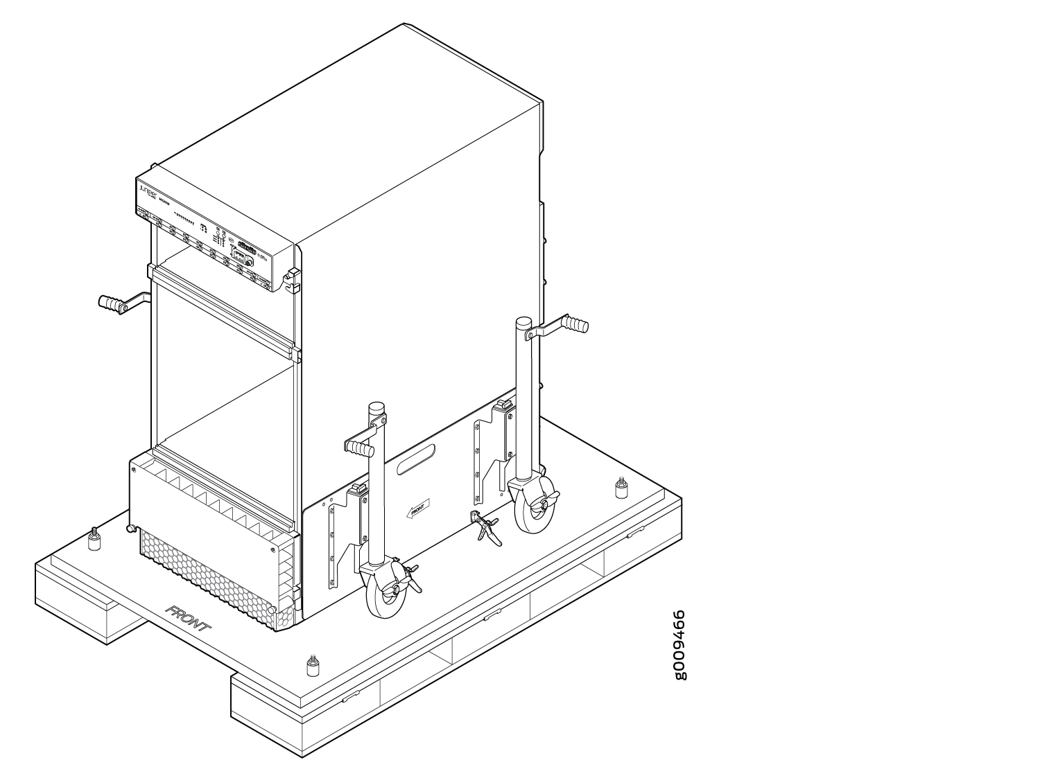Technical drawing of an industrial appliance on a pallet with handles, wheels, and stabilizing mechanisms labeled FRONT for orientation.