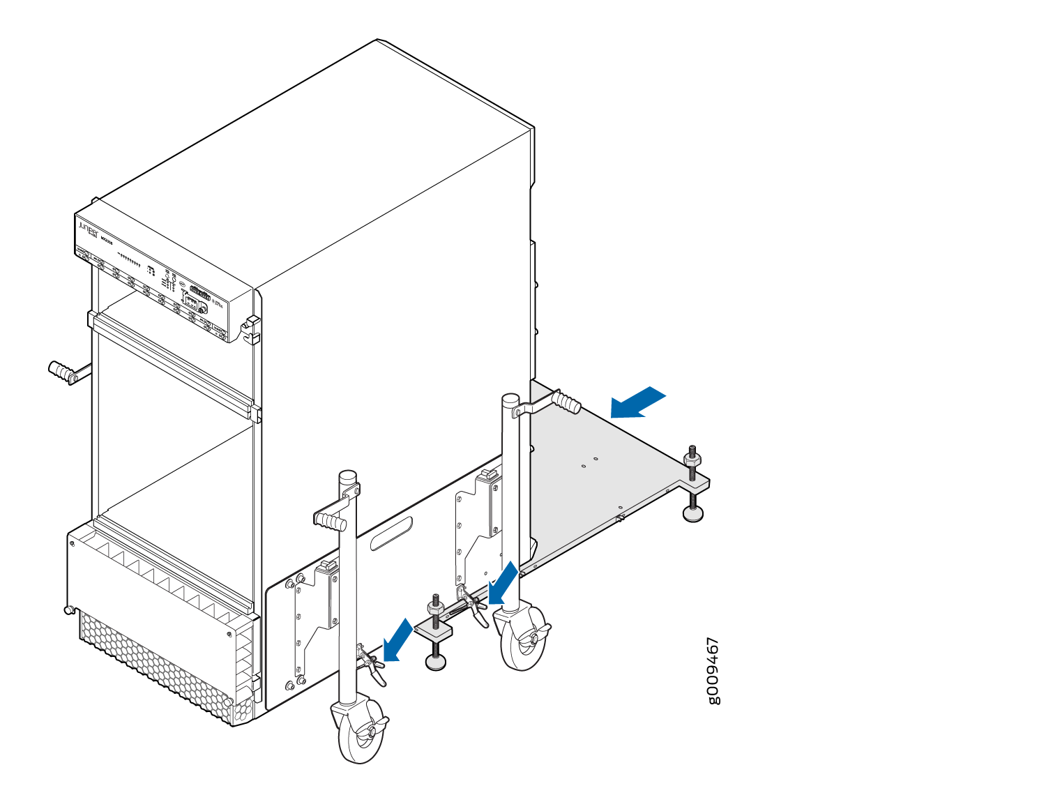 Server or electronic device on a wheeled mobile cart with adjustable feet; arrows indicate assembly steps or component adjustments.