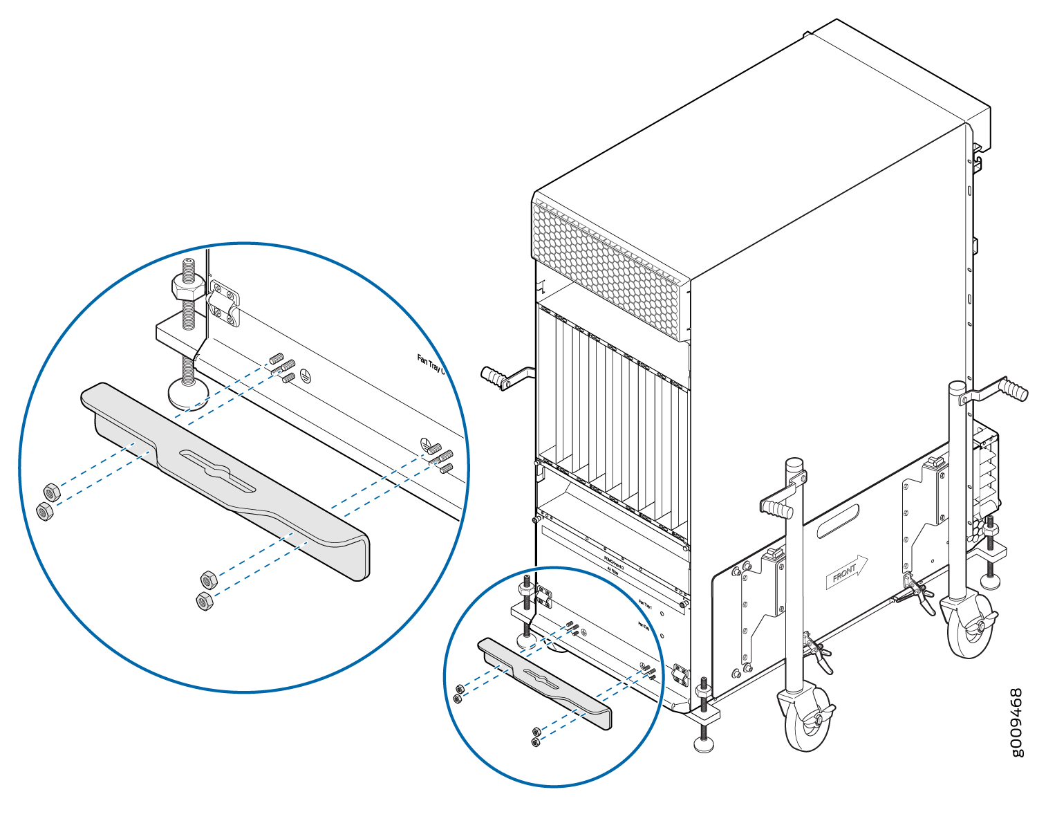 Mobile equipment rack with wheels and compartments for electronics. Side handles for maneuvering. Exploded view of mounting bracket with screws indicates assembly required.