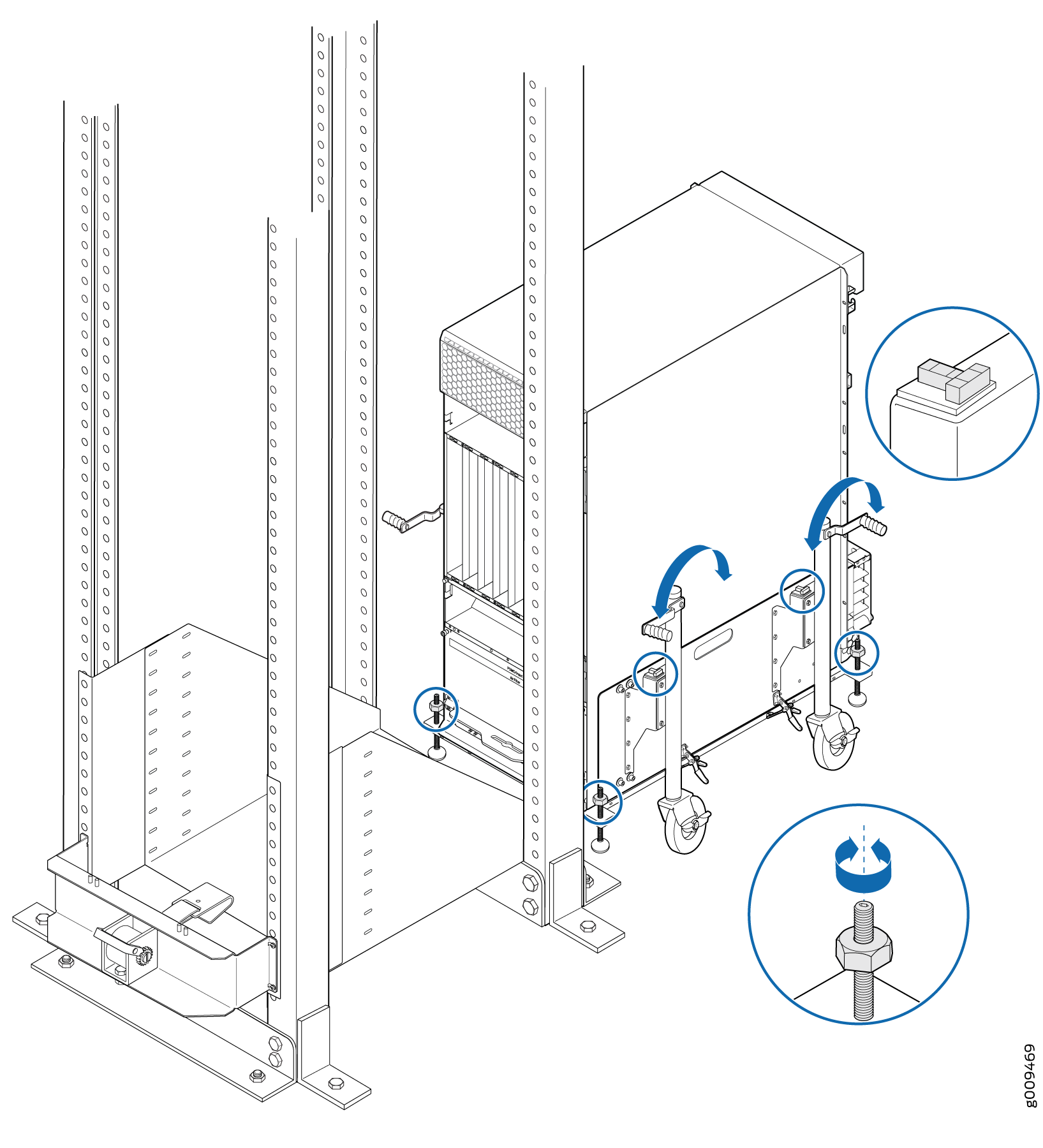 Technical illustration of installing or removing a server into a rack system with mounting details, caster wheels, and directional arrows.