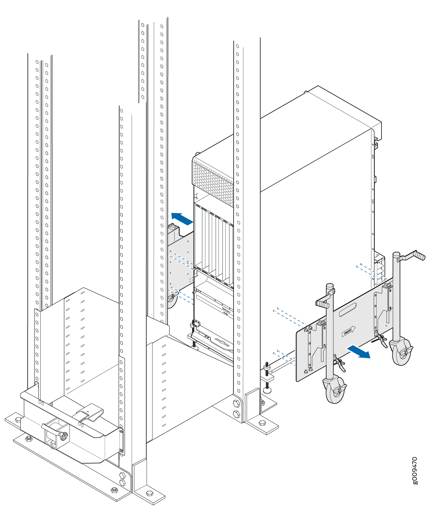 Server being mounted into a rack using a wheeled tool in a data center setup. Blue arrows show assembly direction.