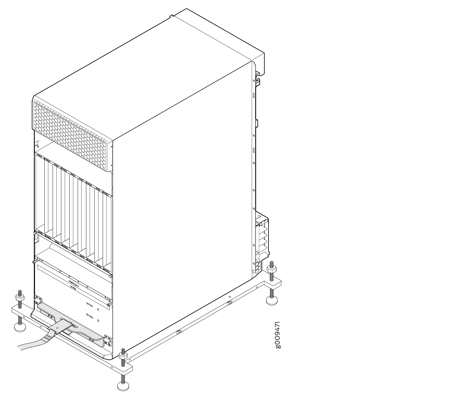 Technical drawing of a server rack with multiple slots for electronic components, including mounting hardware and a bottom cable connection.