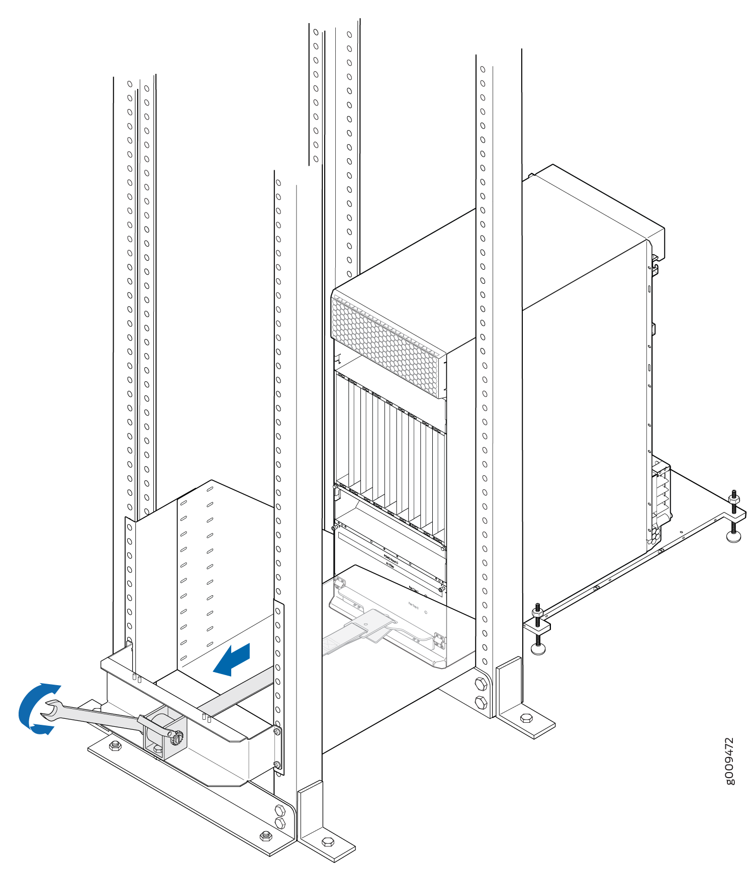 Server being installed into rack with blue arrow indicating direction and wrench icon suggesting bolt tightening.