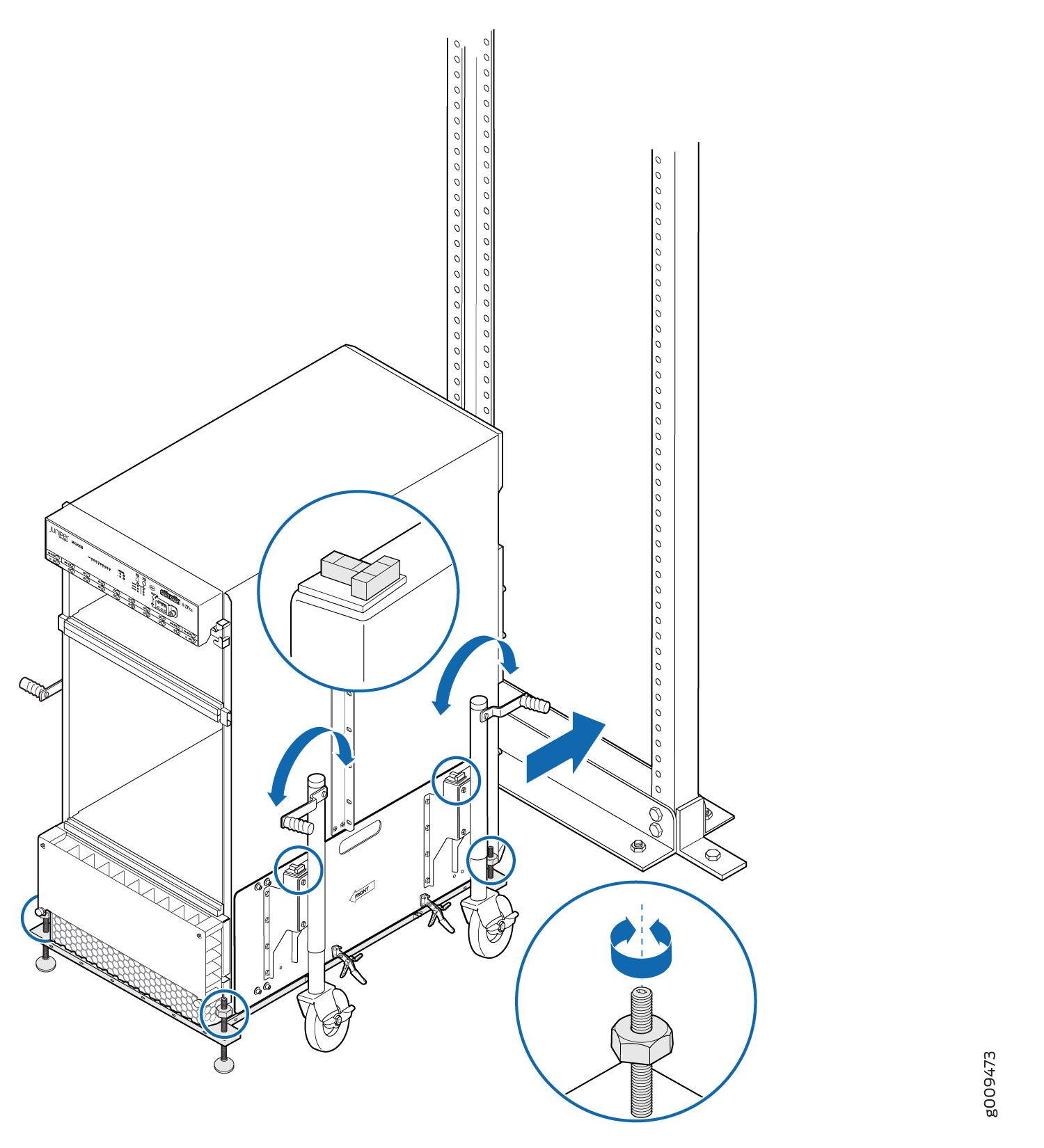 Technical illustration of rack-mounted server installation with instructions for securing equipment. Blue circles highlight components like locking mechanisms and adjustment handles.