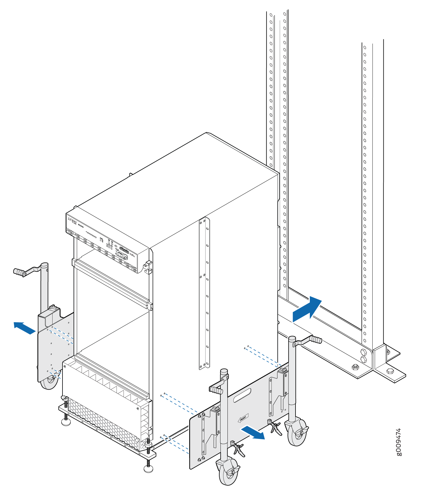 Installation diagram showing rack-mounted device with rack rails, caster wheels, mounting hardware, and rack frame with perforated holes.