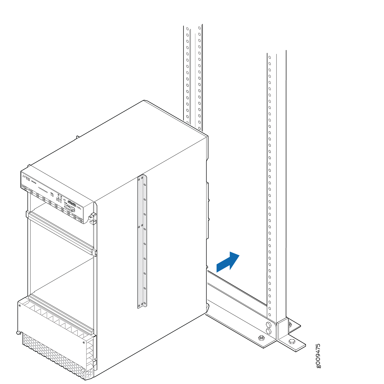 Rack-mounted device being inserted into rack frame with blue arrow indicating direction. Vertical rails with holes for mounting visible.
