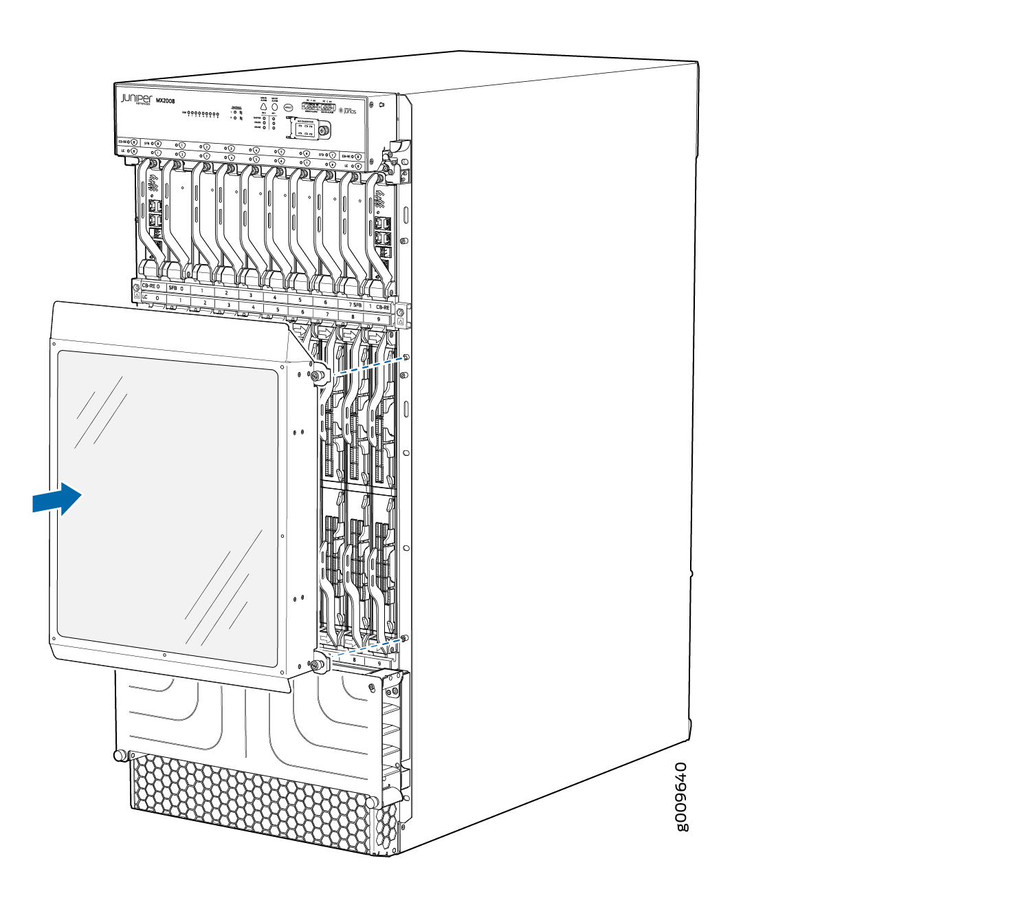 Juniper Networks MX2008 router with front panel open, showing line cards, power supplies, and cooling systems.