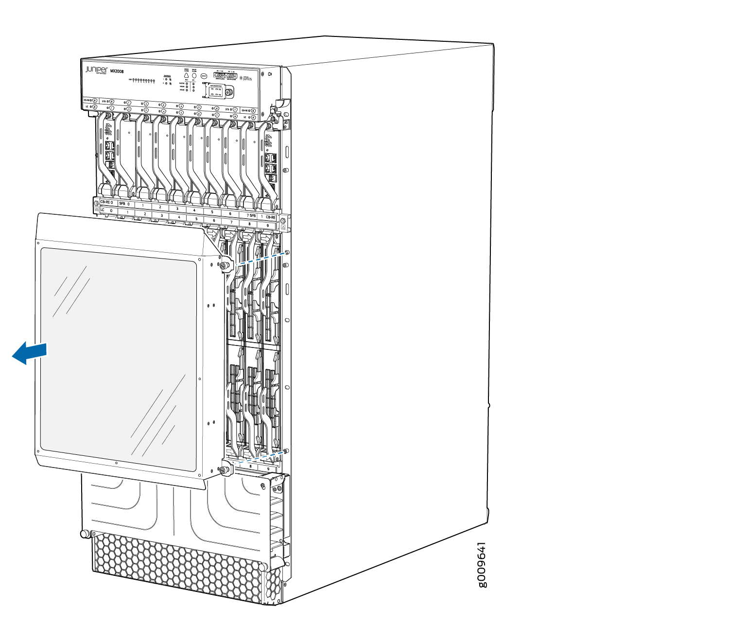 Juniper Networks MX2008 router with front panel open showing modular slots for line cards.