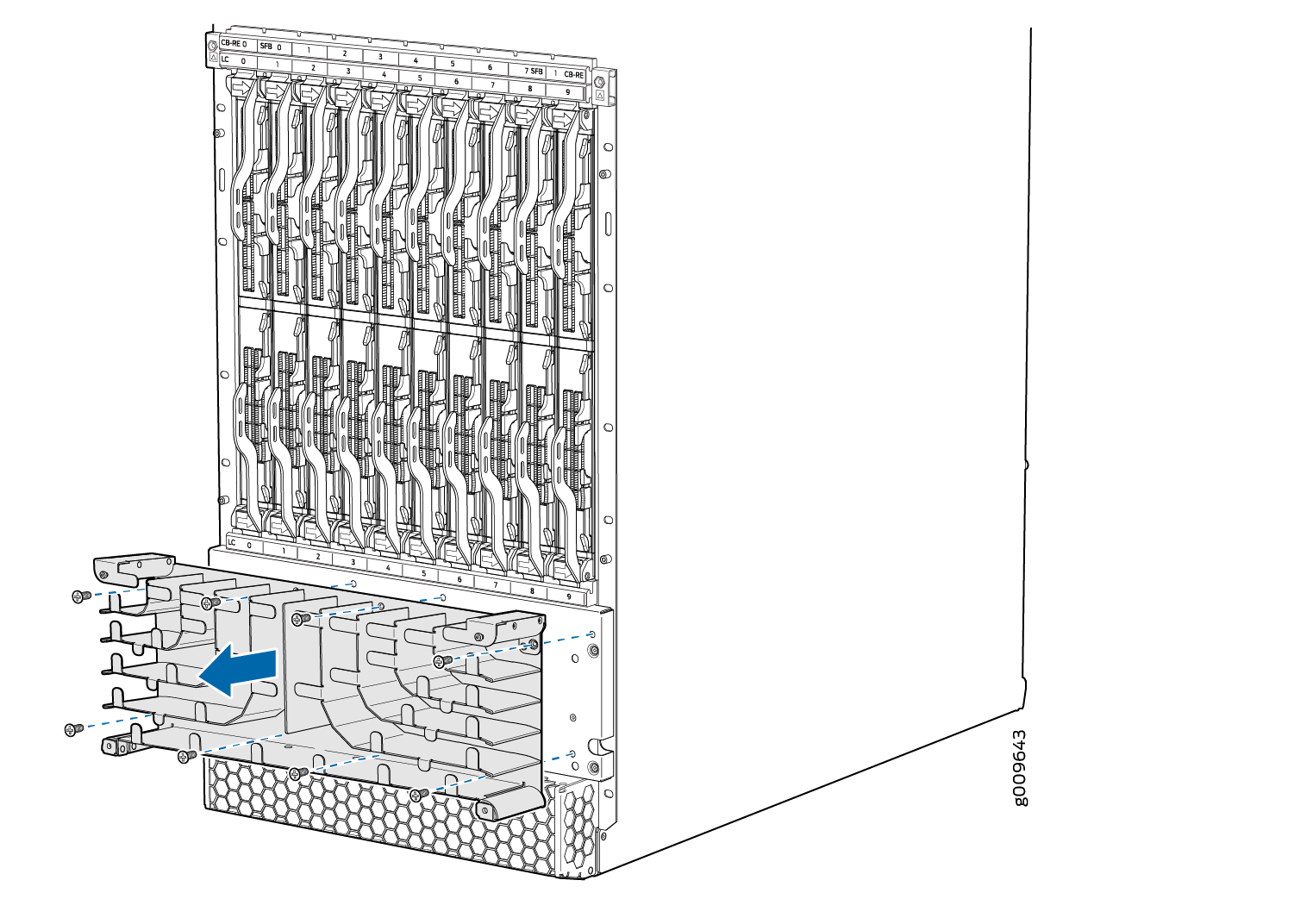 Inserting or removing a power supply or module from a server chassis with a blue arrow showing the direction.